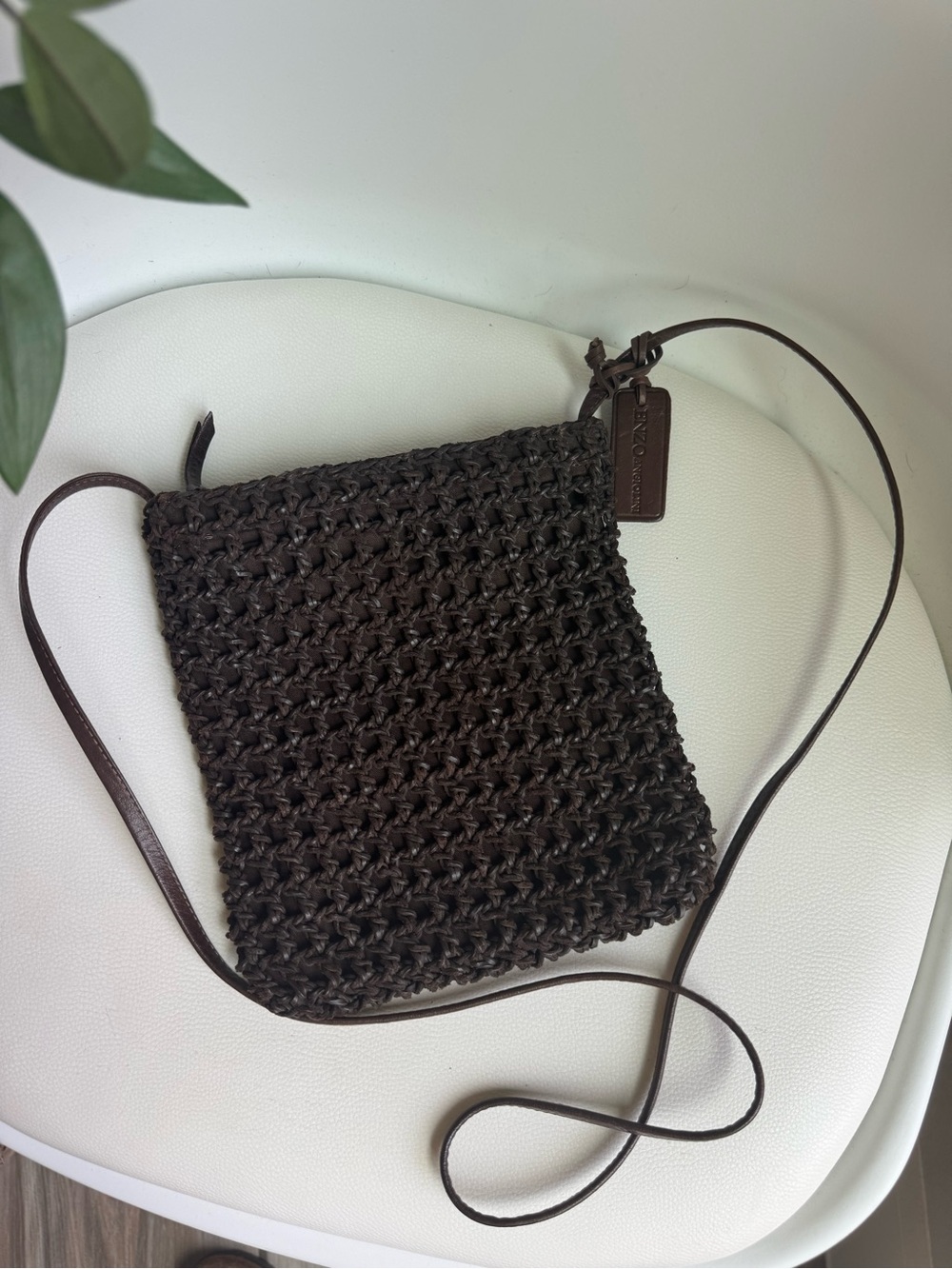 Enzo Angiolini Brown Woven Crochet Crossbody Bag Boho Minimalist Shoulder Bag